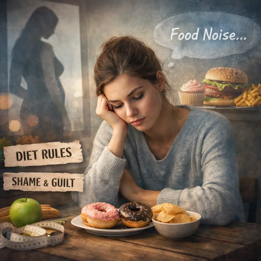 Woman looking distressed while sitting at a table with donuts and snacks, representing food noise, diet rules, and feelings of shame and guilt around eating.