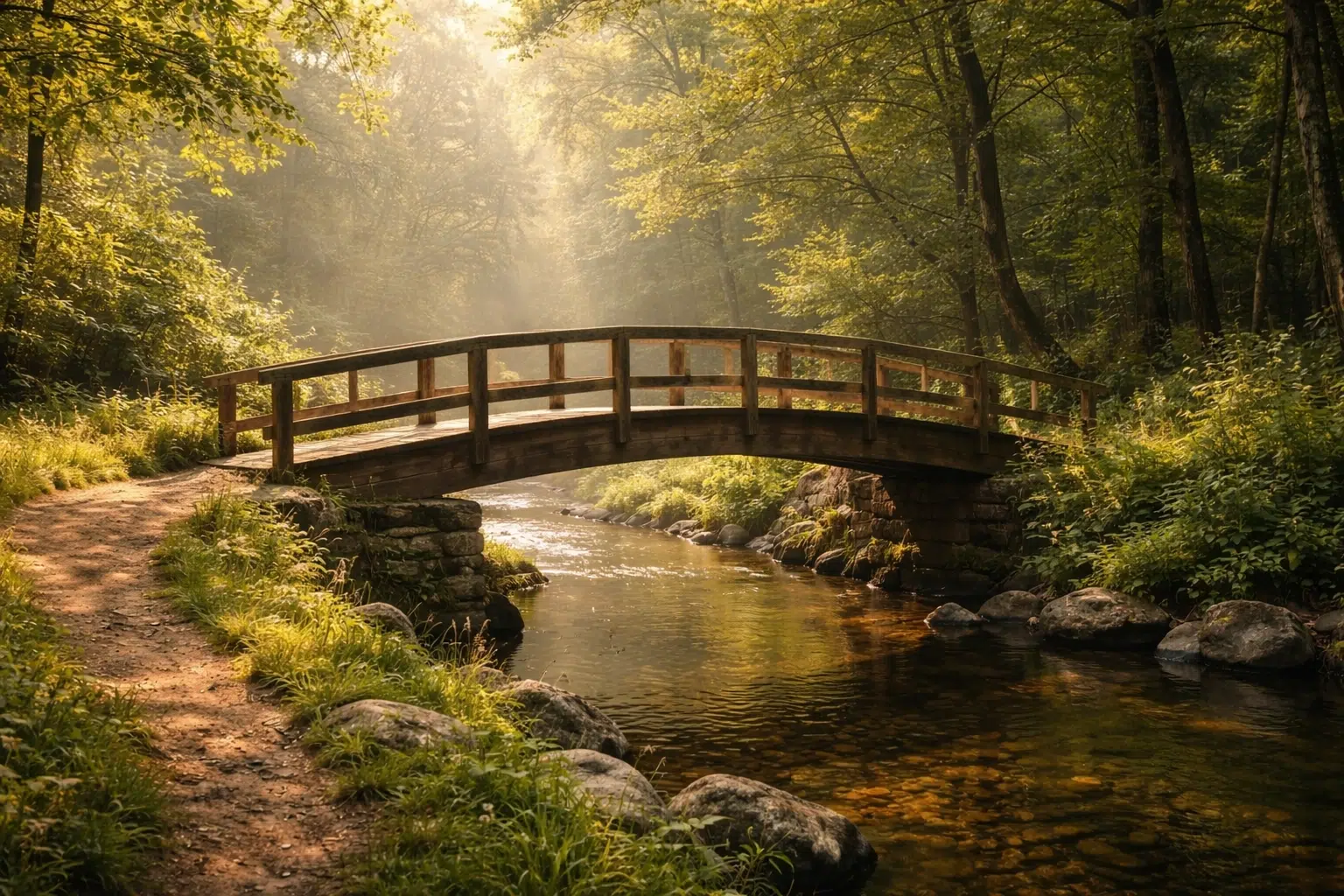 unlocking-mind-emotional-signs Wooden bridge over a calm stream in soft morning light, creating a peaceful natural scene