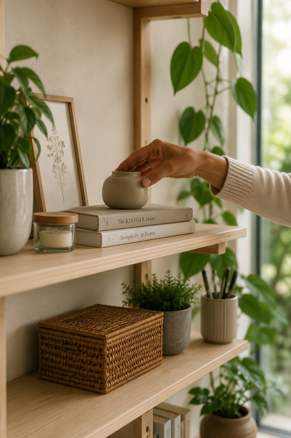 unlocking-mind-understanding-stress Hand gently placing a ceramic pot on a shelf among thoughtfully chosen items in a calm workspace