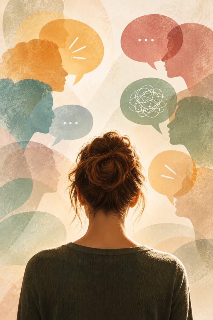 clear-your-plate-inner-voices A woman seen from behind, surrounded by silhouettes and speech bubbles