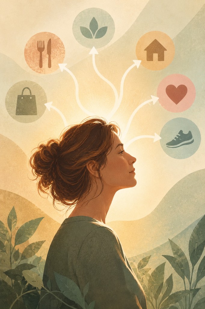 clear-your-plate-mind-paths A woman in profile, with paths from her mind toward food, home, care, movement, and the outdoors
