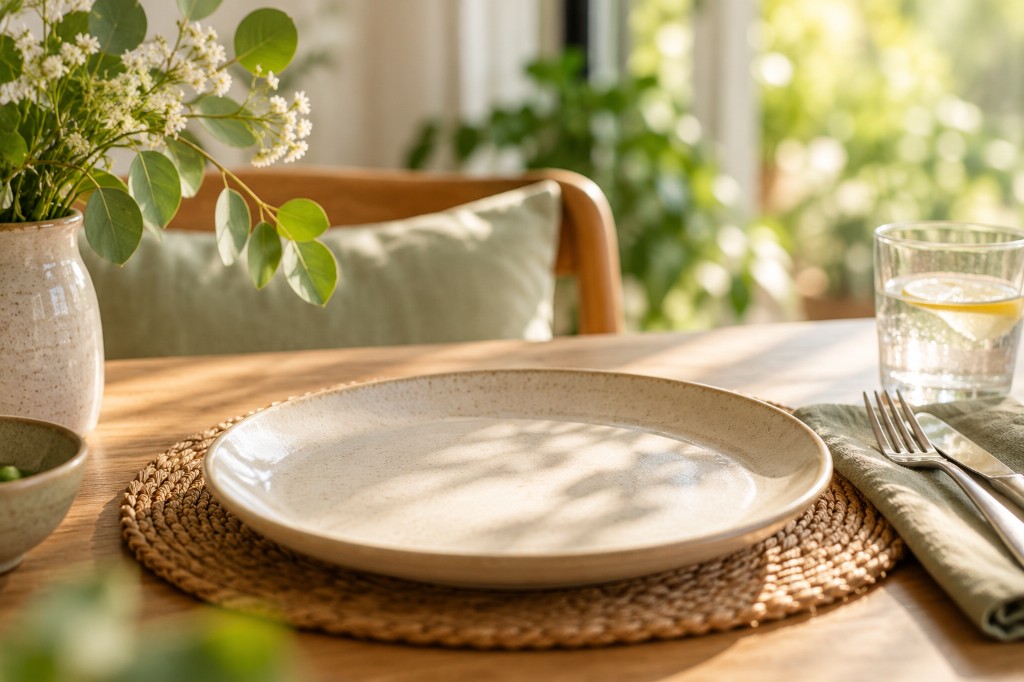 A sunlit dining table with an empty plate